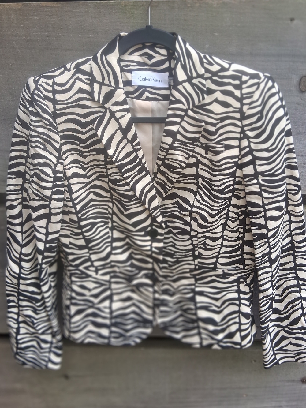 Calvin Klein Zebra Print Blazer Size 6 EUC Black/Tan Linen Blend Lined Jacket
